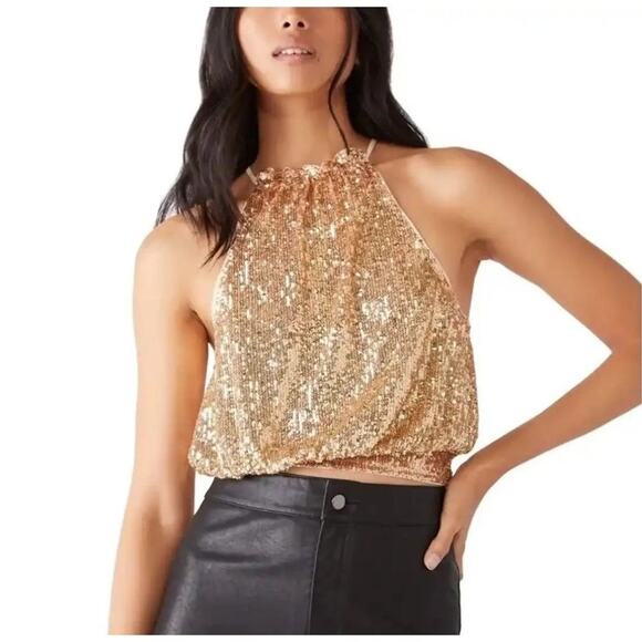 Free People Lights Out Sequin Halter Top in Rose Gold - Picture 1 of 5